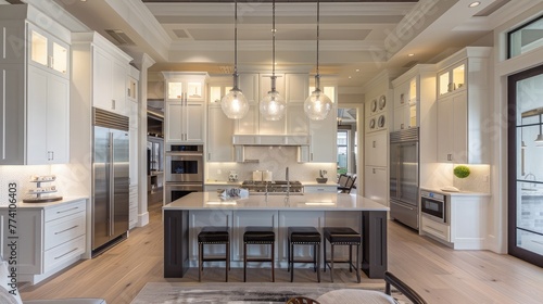 Beautiful luxury estate home kitchen with white cabinets and modern appliances