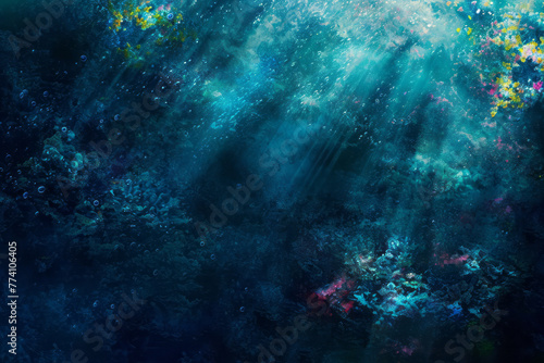 Painting depicting sunlight filtering through the depths of a blue ocean © koala studio