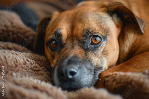 A dog laying on a bed in a close-up shot © koala studio