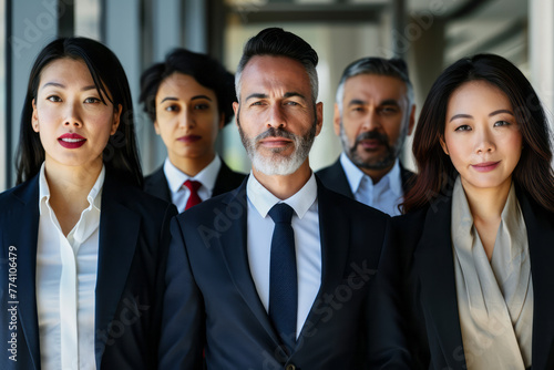 A group of business professionals in formal attire standing in a straight line