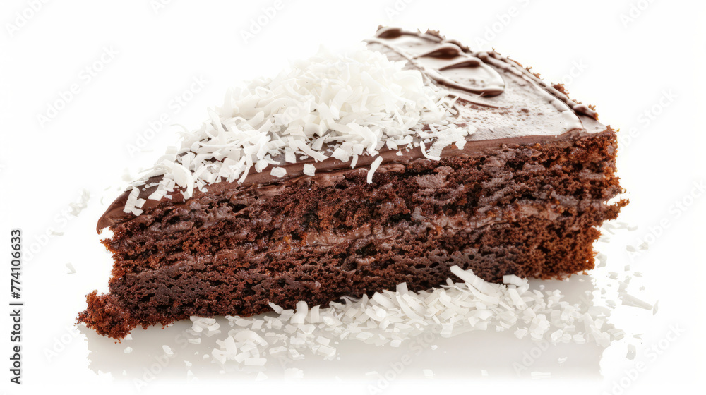 Chocolate cake with coconut flakes on a white background, Generative AI Chocolate cake with coconut flakes on a white background, Generative AI