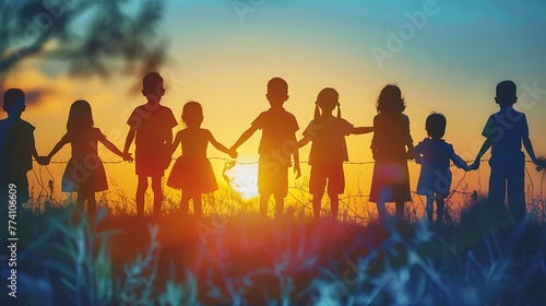 Children holding hand silhouette on sunset International Day of Innocent Children Victims of Aggression