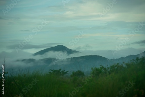 Beautiful landscape of mountains on a cloudy day in Jhargram, West Bengal, India