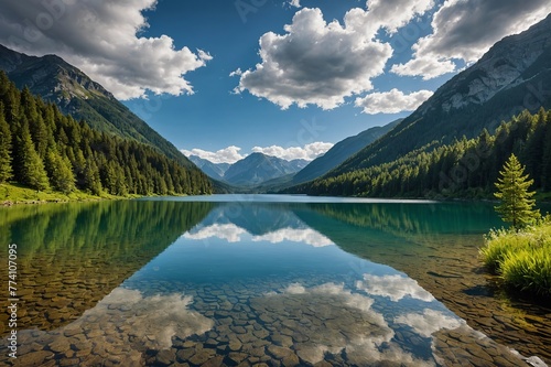 Tranquil lake surrounded by forest and mountains and cloud formations overhead