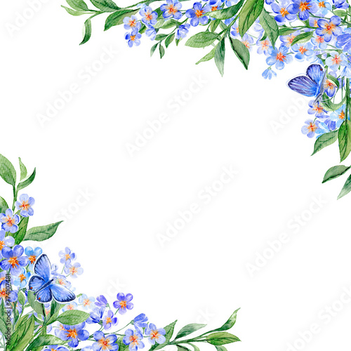 Square greeting card with blue flowers and Butterflies