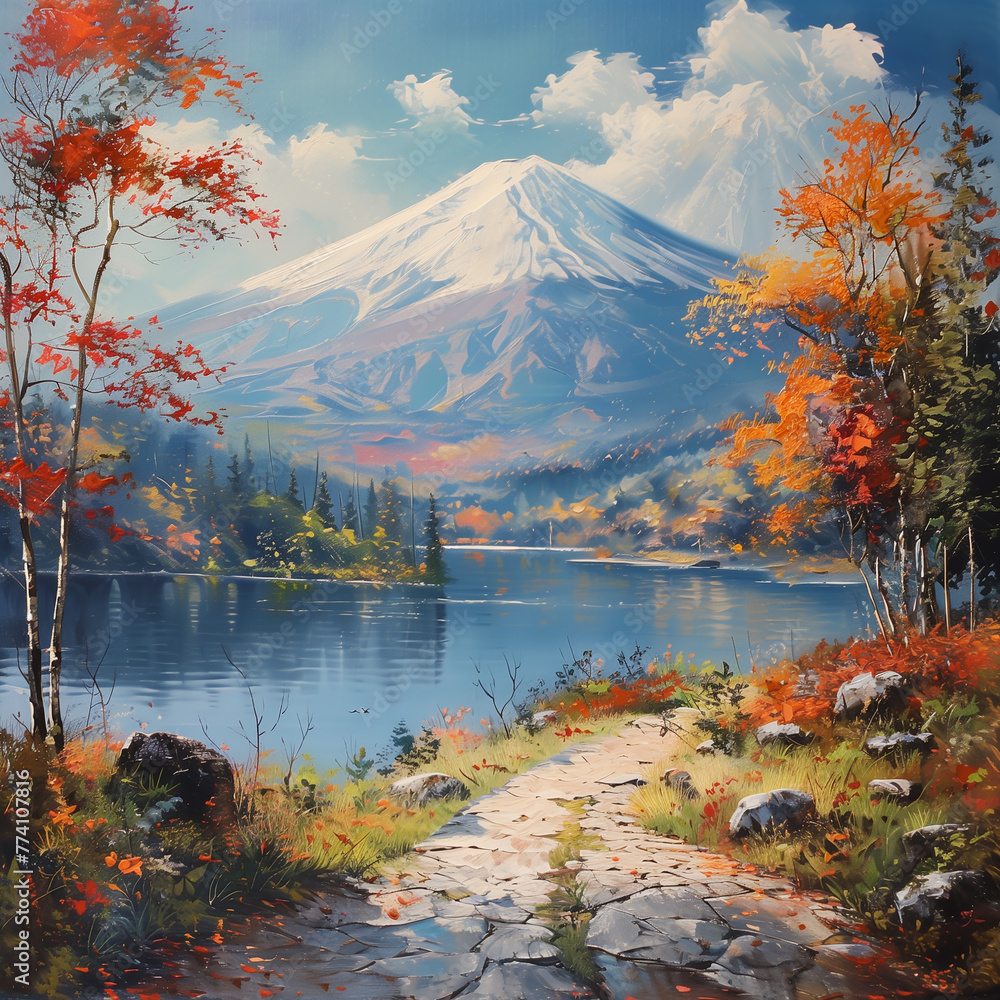 Fototapeta premium Oil painting on canvas of mount fuji. Modern art paintings brush stroke.