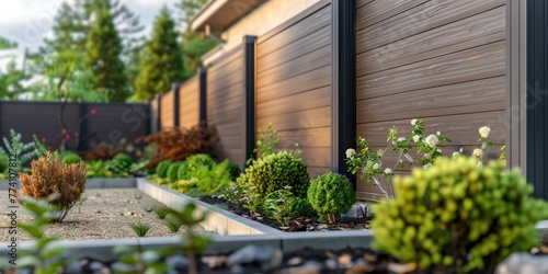 A modern backyard with wood...