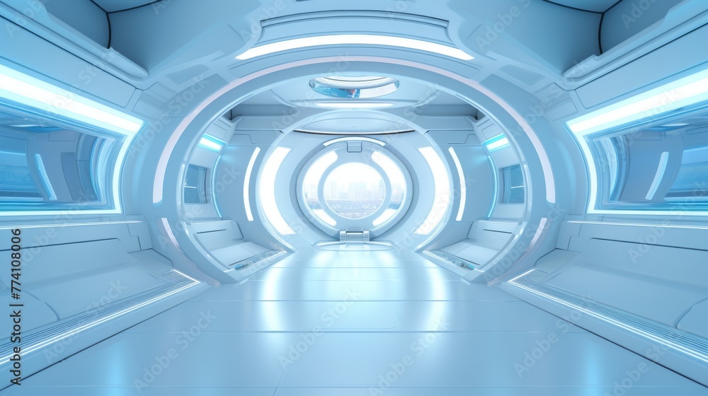 Spaceship corridor. Futuristic tunnel with light, interior view. Future background, business, sci-fi or science Spaceship corridor. Futuristic tunnel with light, interior view. Future background, business, sci-fi or science