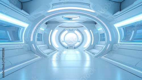 Spaceship corridor. Futuristic tunnel with light, interior view. Future background, business, sci-fi or science