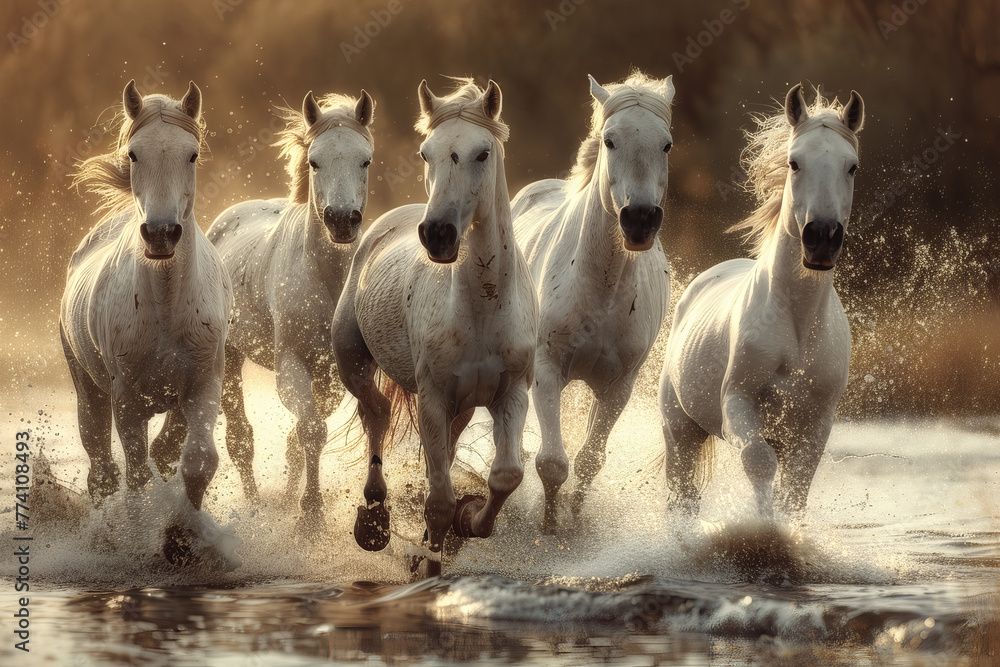 Obraz premium Group of white horses running in the water, AI generated