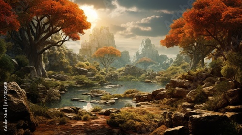 Nature, Landscape in the first century. Trees, Forests, Mountains at sunset.