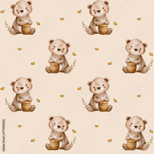 Bear with a honey jar and bumblebees. Watercolor vector seamless pattern