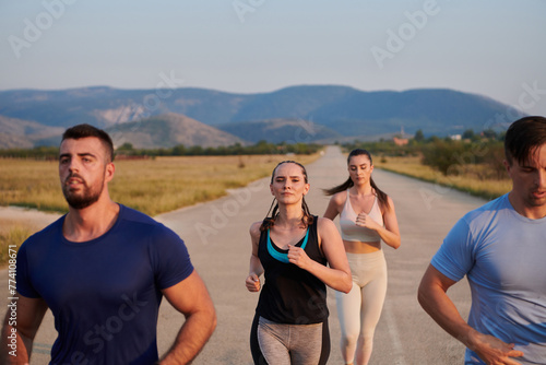 A group of friends maintains a healthy lifestyle by running outdoors on a sunny day, bonding over fitness and enjoying the energizing effects of exercise and nature