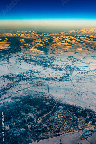 Aerial photo of the city of Labytnagi and the village Kharp in Western Siberia, Yamalo-Nenets Autonomous Okrug, Yamal, YaNAO,Tyumen Region.