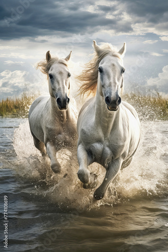 Two white horses running in the water  AI generated