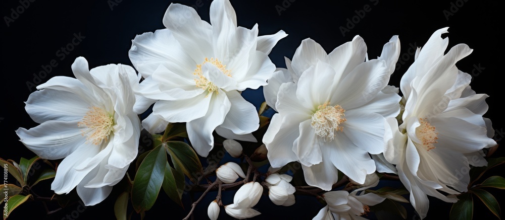 Fototapeta premium White blossoms in a cluster, situated on a thin twig against a blurred background of green foliage