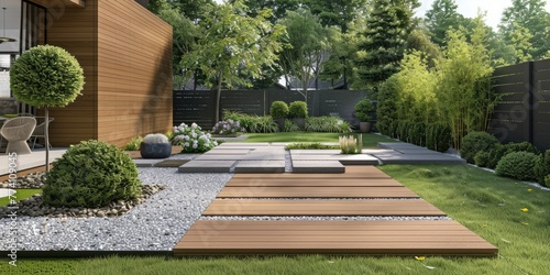 A modern backyard with wood...