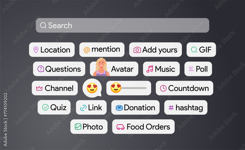 Instagram Stories tools. Story making interface stickers. Blog posting labels. Location mention avatar poll countdown link quiz icons. Vector illustration. - obrazy, fototapety, plakaty 