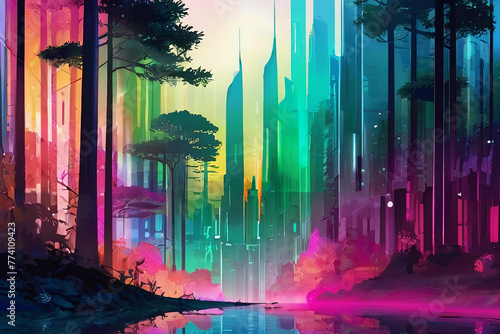 Experience the fusion of an enchanted forest and futuristic cyber city in a colorful gradient background.