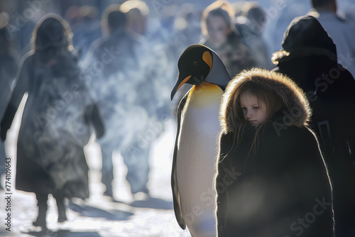 Interaction between a king penguin and a group of humans in a wintery environment, AI generated