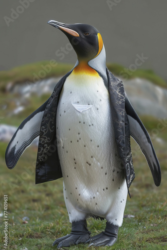 King penguin wearing a jacket, AI generated