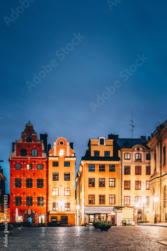 Stockholm, Sweden. Famous Old Colorful Houses, Swedish Academy and Nobel Museum In Old Square Stortorget In Gamla Stan. Famous Landmarks And Popular Place © Grigory Bruev