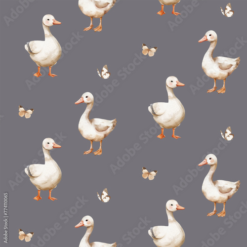 Geese and butterflies. Watercolor vector seamless pattern