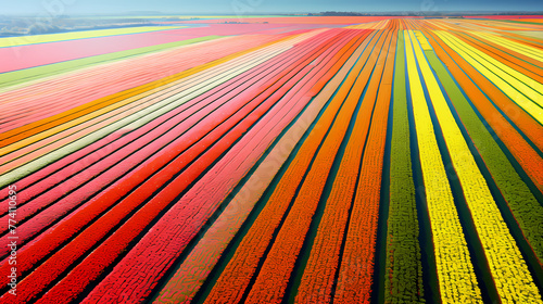 View from above of flowers growing in farmland in spring