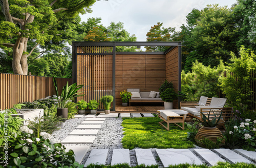 Beautiful modern garden with small wooden shed, green grass and white patio pavers surrounded by a light grey gravel border and wood fence, wooden garden furniture and plants