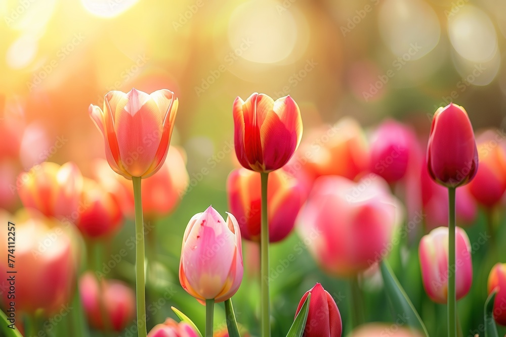 Colorful tulip flower field in spring with a beautiful sunlight background Colorful tulip flower field in spring with a beautiful sunlight background