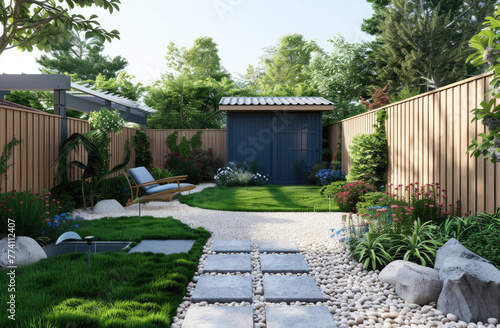 Beautiful modern garden with small wooden shed, green grass and white patio pavers surrounded by a light grey gravel border and wood fence, wooden garden furniture and plants