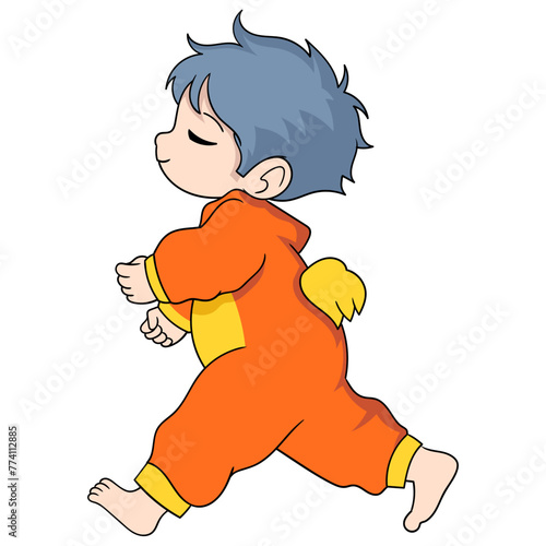 young boy wearing a costume sleeping walking