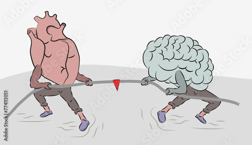 Abstraction of struggle. Brains and hearts are a tug of war. Tug of war brain heart.