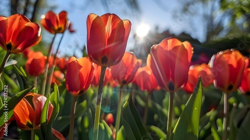 Vibrant tulips blooming under the morning sun cap, Scenic view of field against sky during sunset , Close-up of red tulip on field Ai generated 