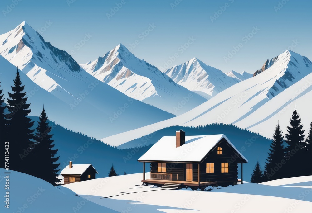 A cozy cabin tucked away in a snowy mountain landscape