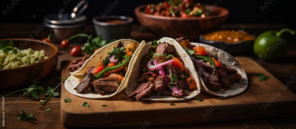 A rustic wooden cutting board showcasing three delicious and freshly made tacos A rustic wooden cutting board showcasing three delicious and freshly made tacos