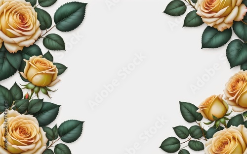 A luxurious background adorned with deep yellow roses and green leaves arranged on the right and left sides of the image