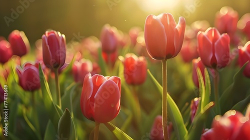 Vibrant tulips blooming under the morning sun cap   Scenic view of field against sky during sunset   Close-up of red tulip on field Ai generated 