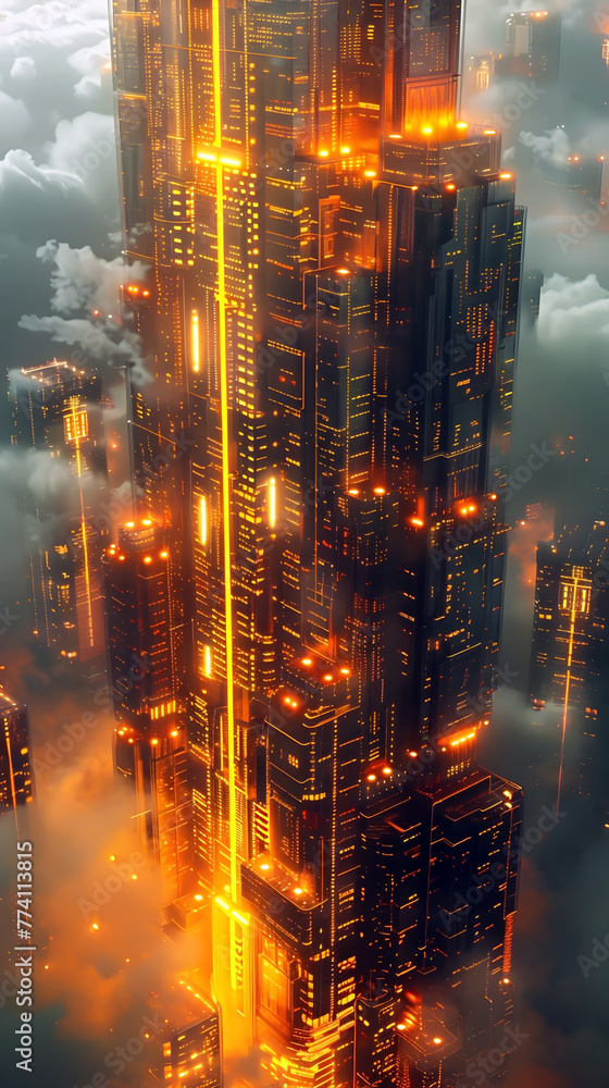 Futuristic City Skyscraper with Glowing Citrus Inspired Color Palette and Hyper D Rendering