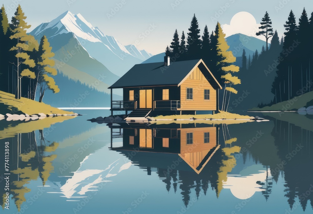 Fototapeta premium A peaceful lakeside cabin with its reflection mirrored in the water
