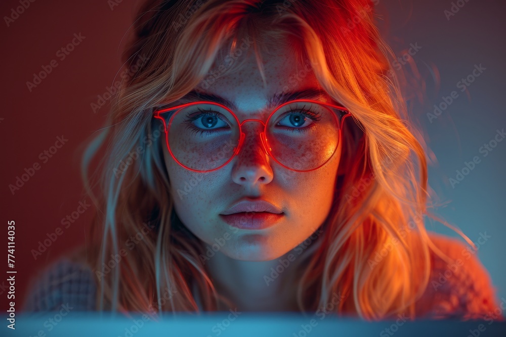 A girl dressed casually in red blends into her surroundings, immersed in professional technology use on her laptop, exuding a focused demeanor. A girl dressed casually in red blends into her surroundings, immersed in professional technology use on her laptop, exuding a focused demeanor.