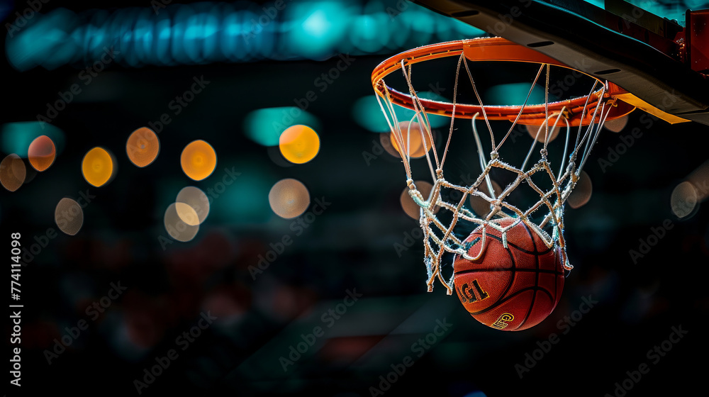Sport action photography. A basketball going through the net in an indoor setting