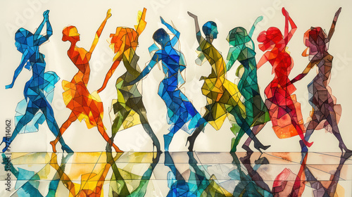 A group of women dance in a colorful array of light. The women are depicted as silhouettes  with their bodies made up of geometric shapes. 