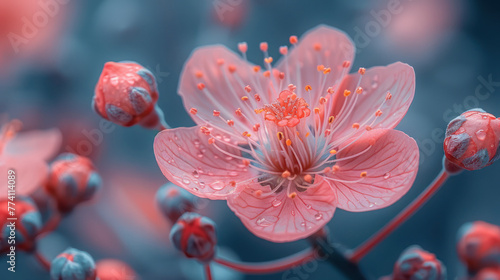 A beautiful close-up of a delicate pink flower with water droplets on its petals.