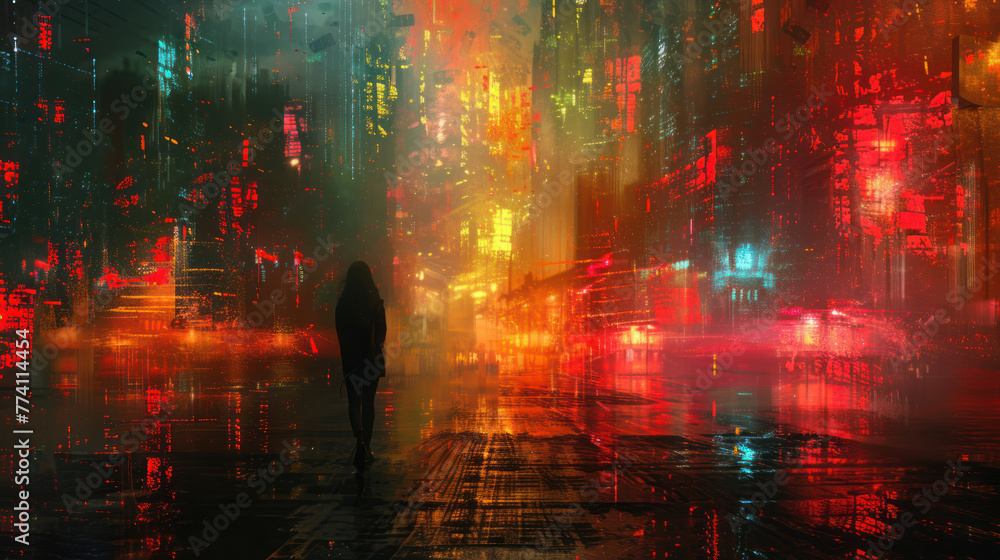 The image shows a woman walking down a street in a futuristic city. 
