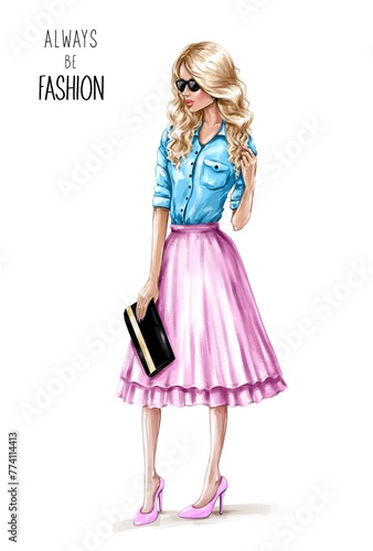 Beautiful fashion blond hair woman in sunglasses. Stylish girl in skirt. Pretty woman standing. Fashion look
