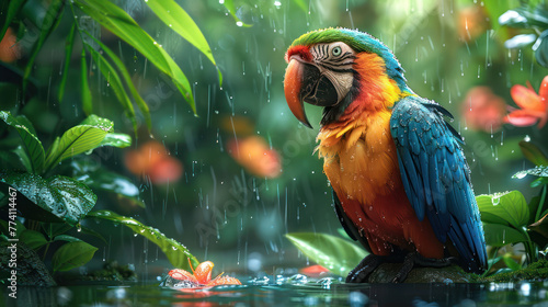 A colorful parrot is perched on a branch in the rain. The parrot is surrounded by green leaves and red flowers. photo