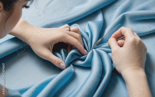 A woman s hand delicately sewing blue fabric with love and precision  demonstrating care and craftsmanship