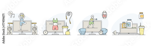 Online Fitness Workout and Sport Training Line Vector Set