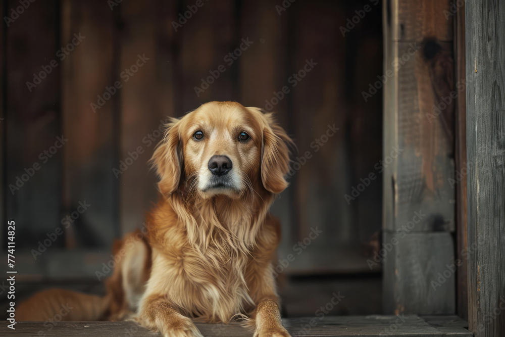 A golden retriever dog sits calmly in a doorway, looking out into the surroundings